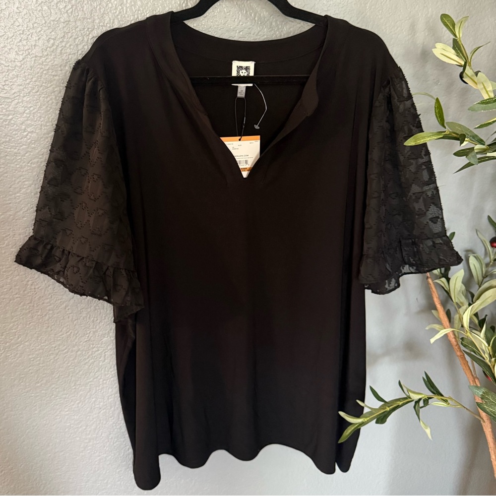 Anne Klein Black Blouse with Sheer Sleeves